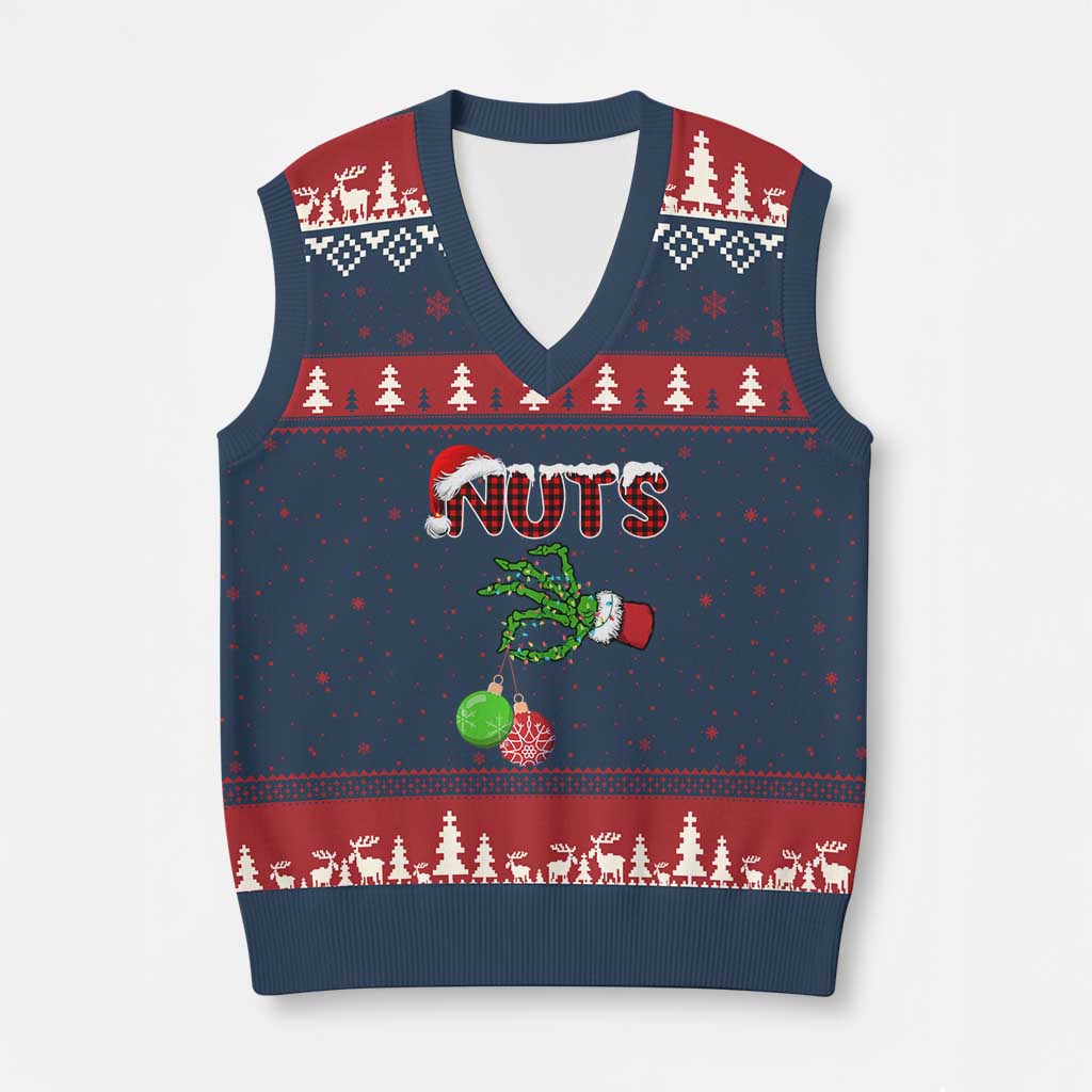 Funny Couples Xmas V-Neck Knit Sweater Vest Chest And Nuts Matching Holiday Skeleton Hand - Wonder Print Shop