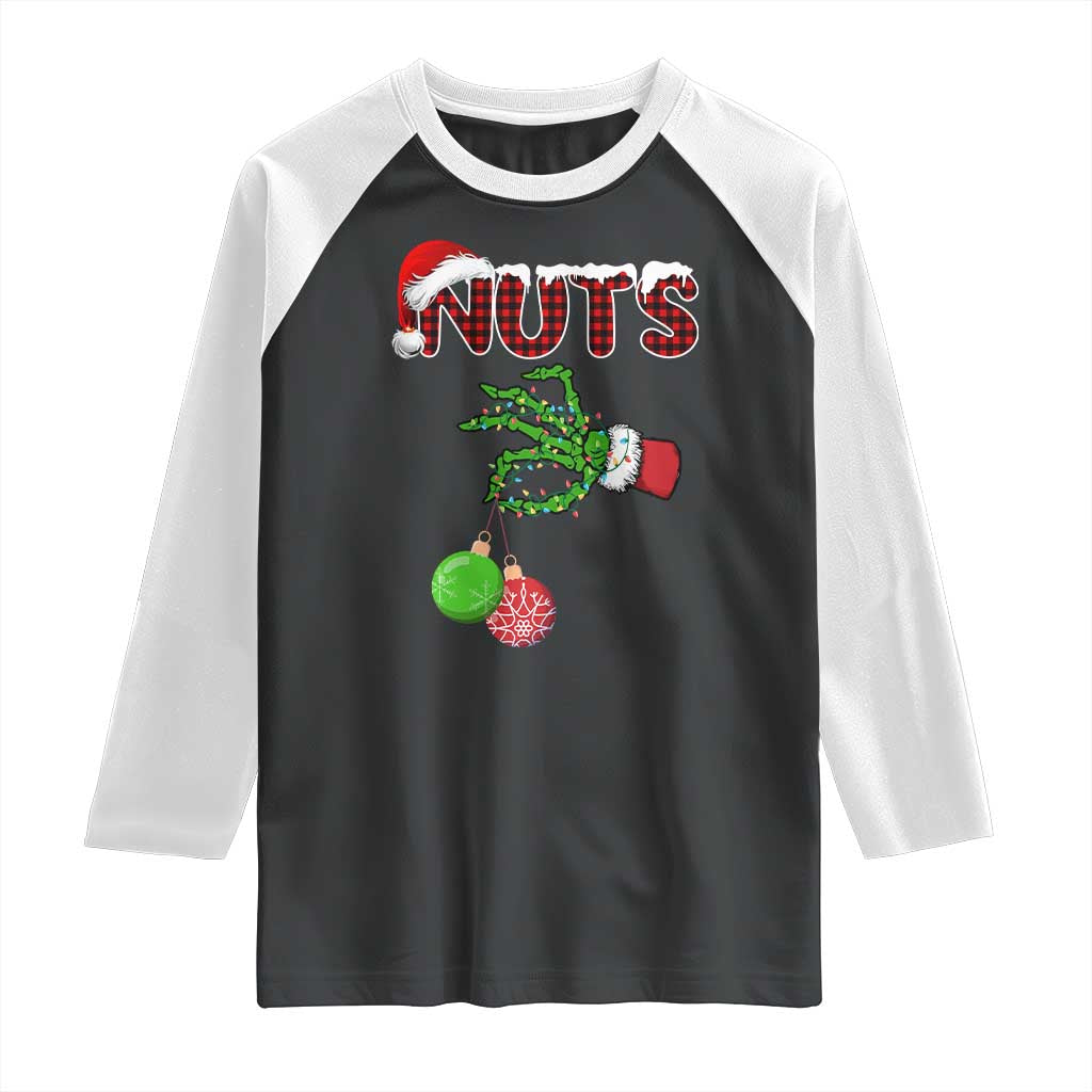 Funny Couples Christmas Raglan Shirt Chest And Nuts Matching Holiday Skeleton Hand - Wonder Print Shop