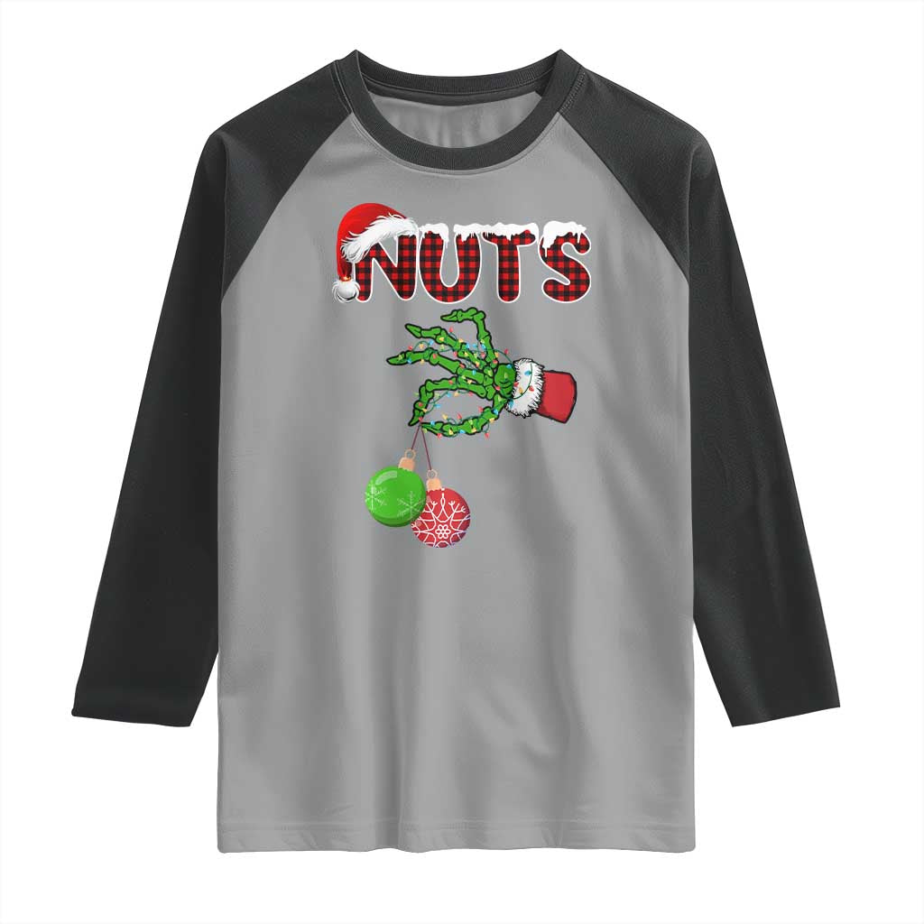 Funny Couples Christmas Raglan Shirt Chest And Nuts Matching Holiday Skeleton Hand - Wonder Print Shop