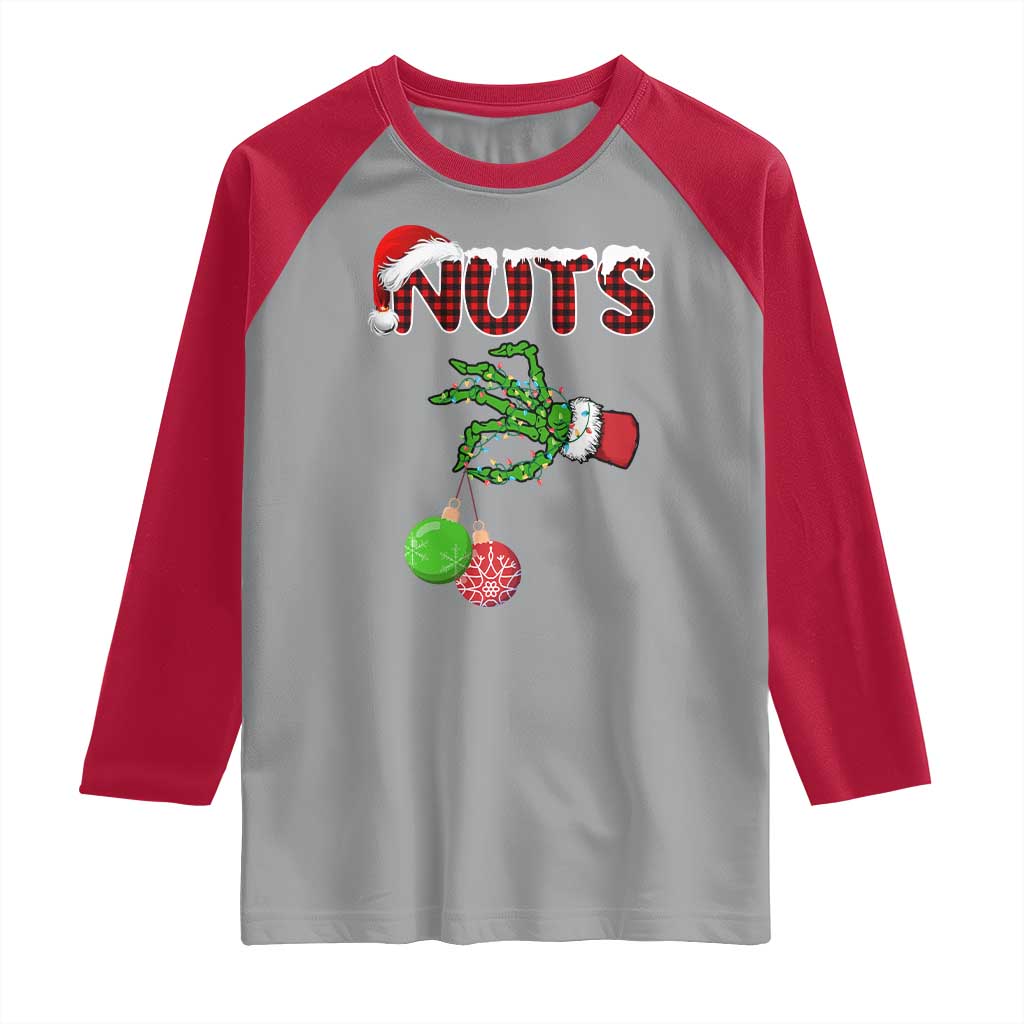 Funny Couples Christmas Raglan Shirt Chest And Nuts Matching Holiday Skeleton Hand - Wonder Print Shop