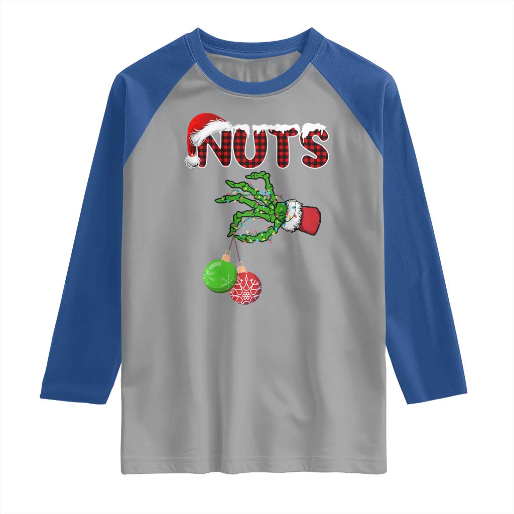 Funny Couples Christmas Raglan Shirt Chest And Nuts Matching Holiday Skeleton Hand - Wonder Print Shop