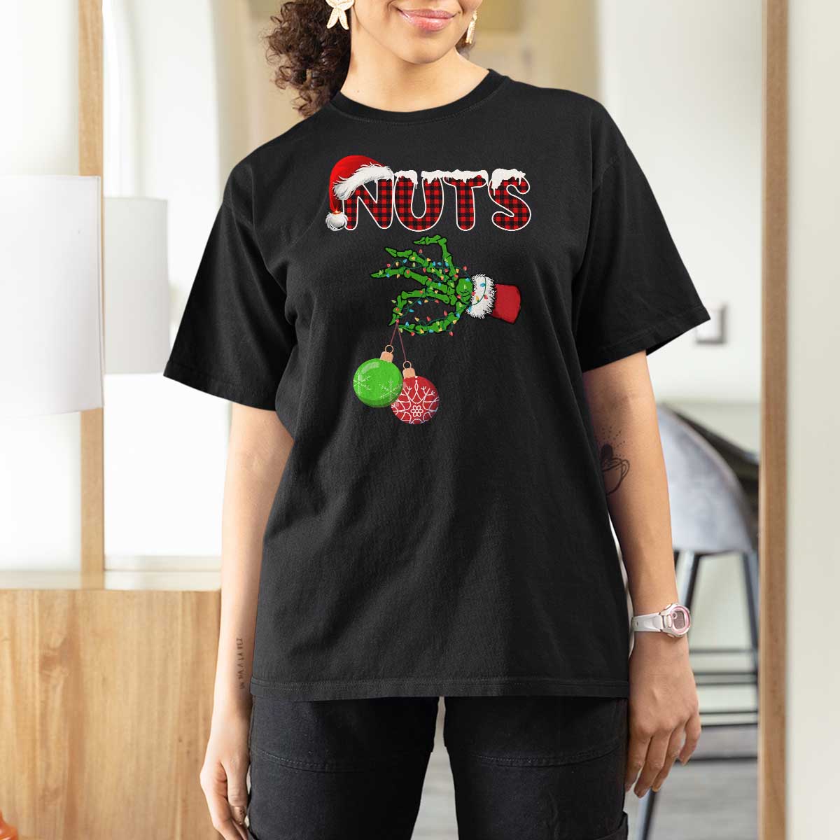 Funny Couples Christmas T Shirt For Women Chest And Nuts Matching Holiday Skeleton Hand - Wonder Print Shop