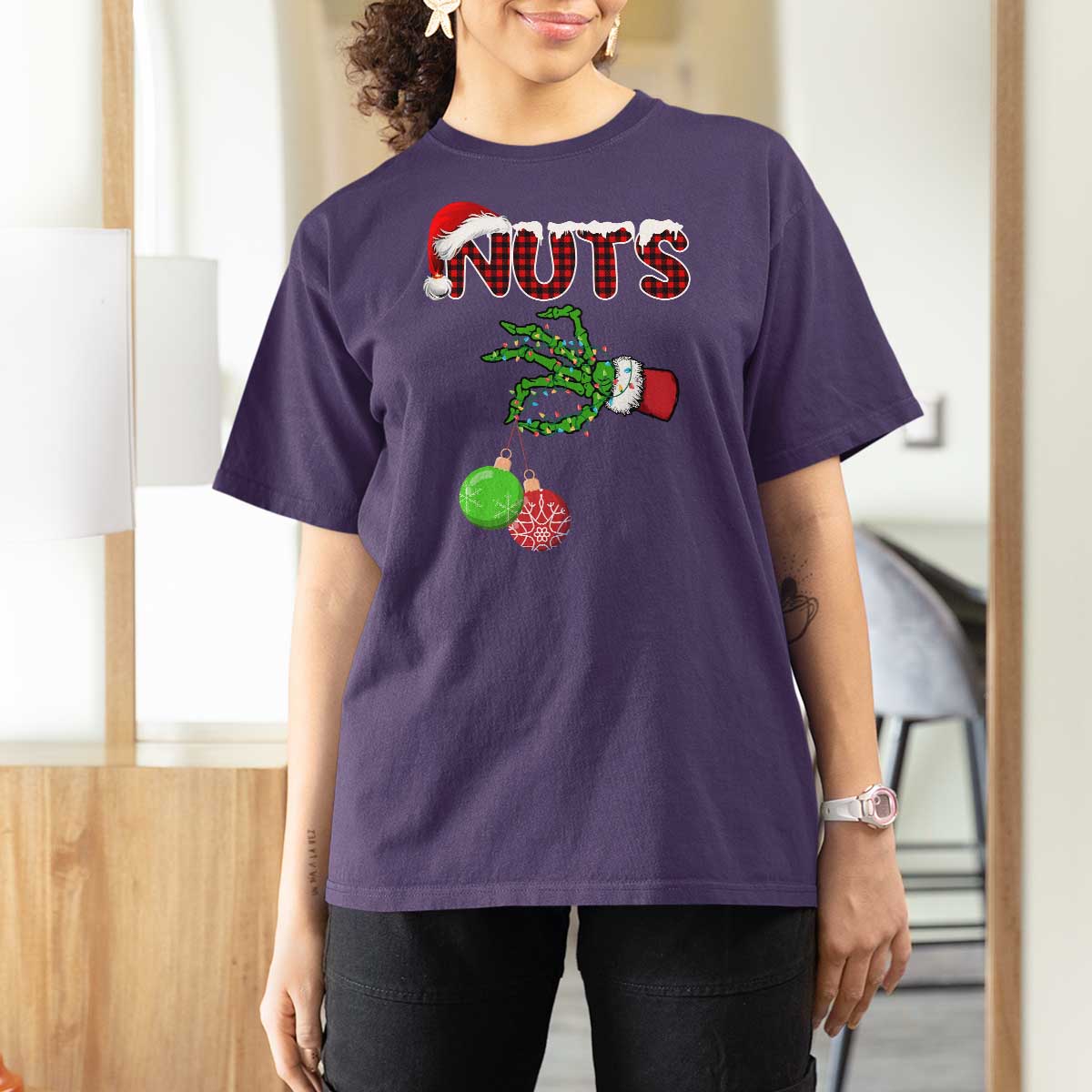 Funny Couples Christmas T Shirt For Women Chest And Nuts Matching Holiday Skeleton Hand - Wonder Print Shop