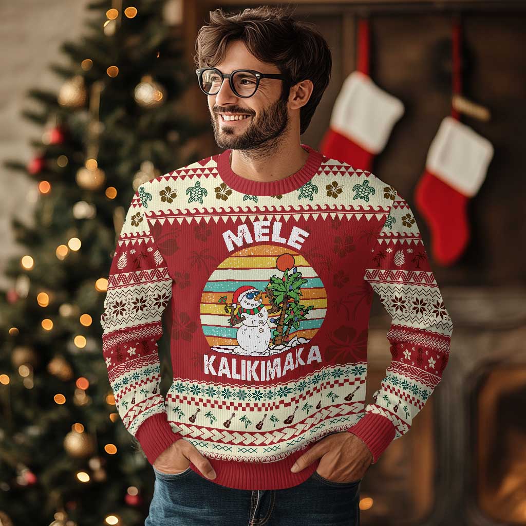Vintage Cute Mele Kalikimaka Ugly Christmas Sweater Funny Snowman Palm Tree Beach Tropical Xmas Gift Family Holiday - Wonder Print Shop