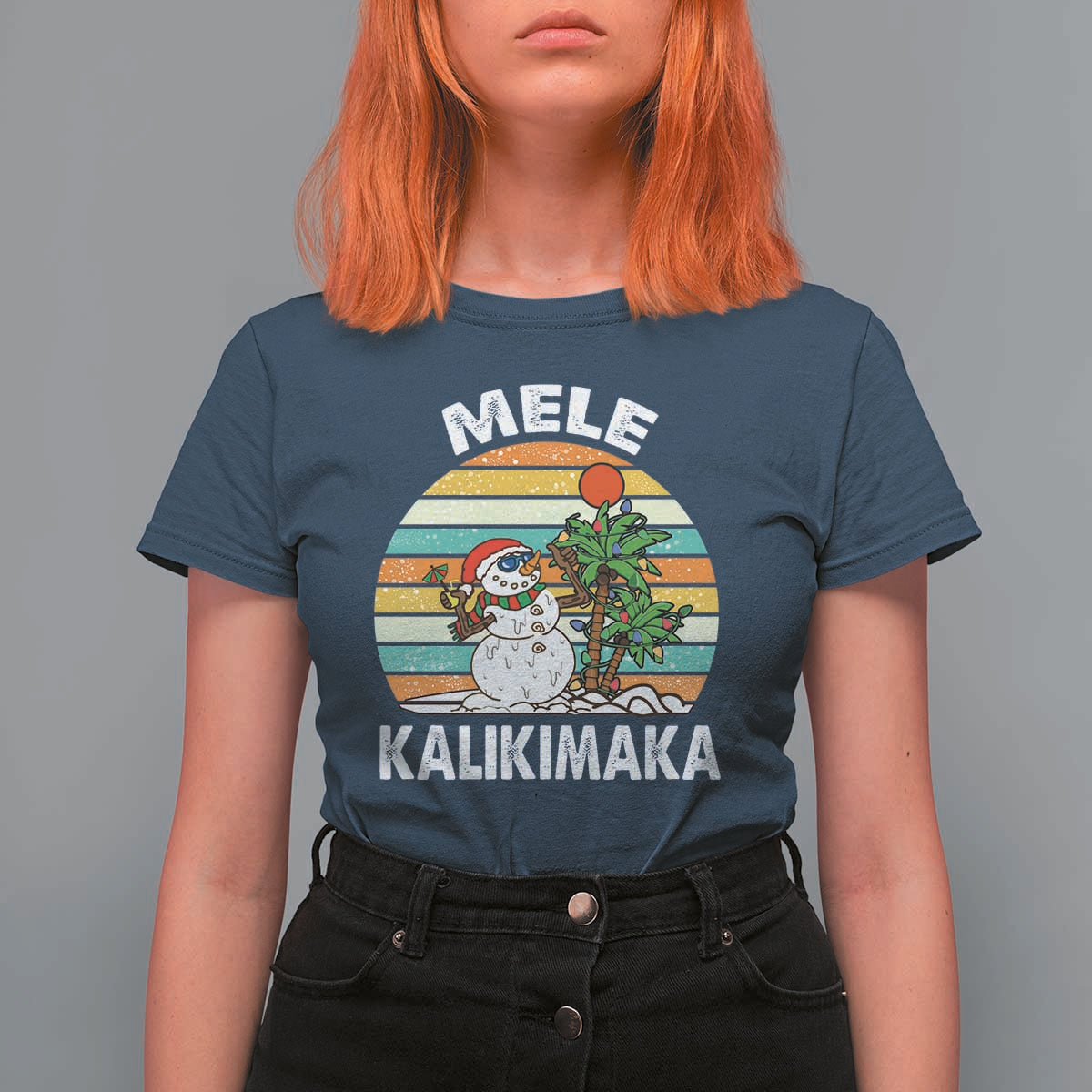Vintage Cute Mele Kalikimaka Christmas T Shirt For Women Funny Snowman Palm Tree Beach Tropical Xmas Gift Family Holiday - Wonder Print Shop