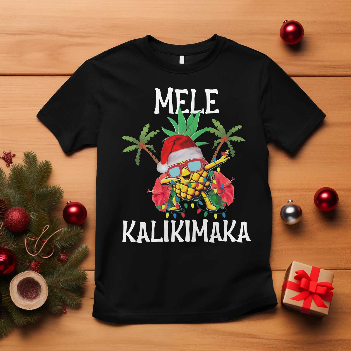 Hawaii Christmas T Shirt Mele Kalikimaka Hawaiian Pineapple Xmas Lights Santa Hat - Wonder Print Shop