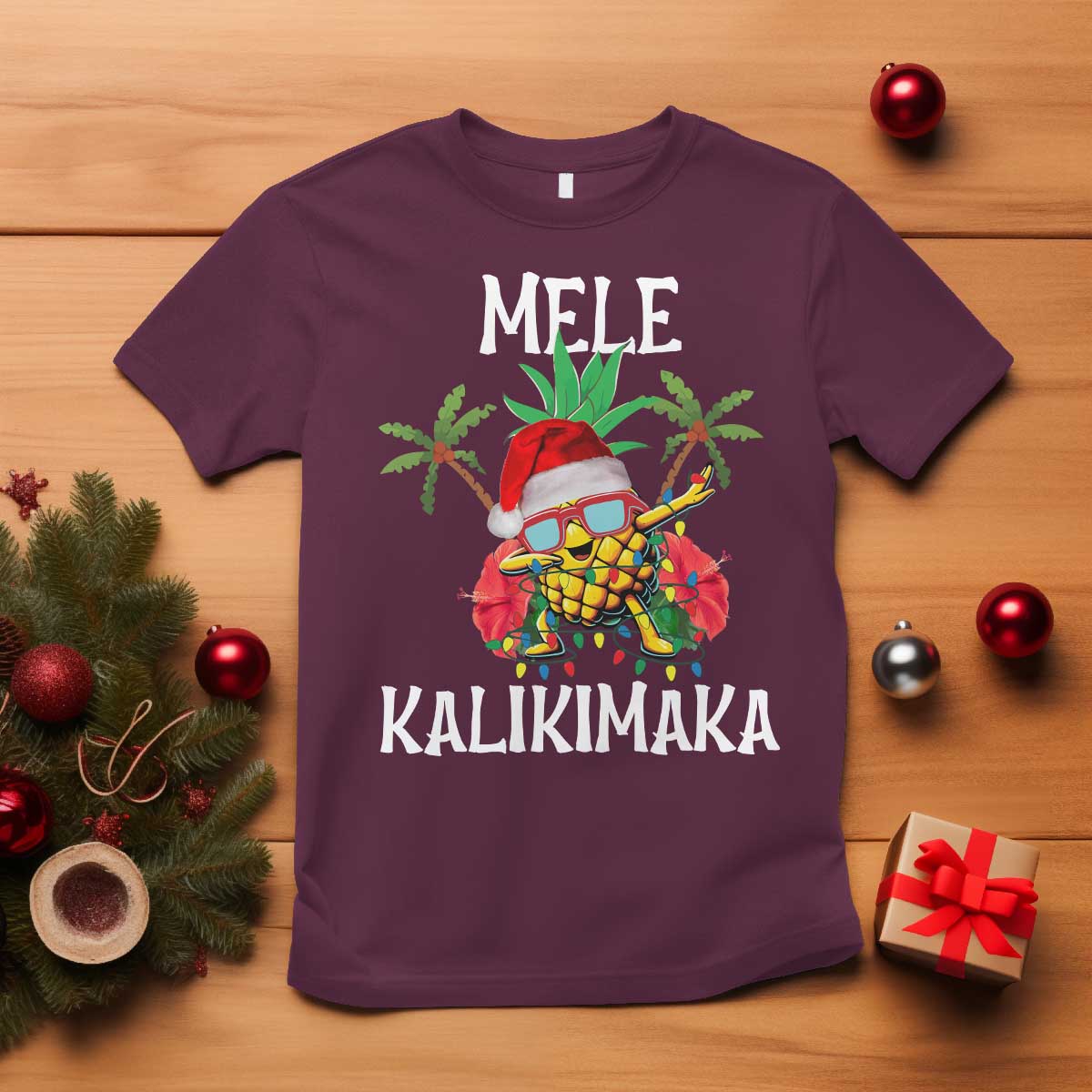 Hawaii Christmas T Shirt Mele Kalikimaka Hawaiian Pineapple Xmas Lights Santa Hat - Wonder Print Shop