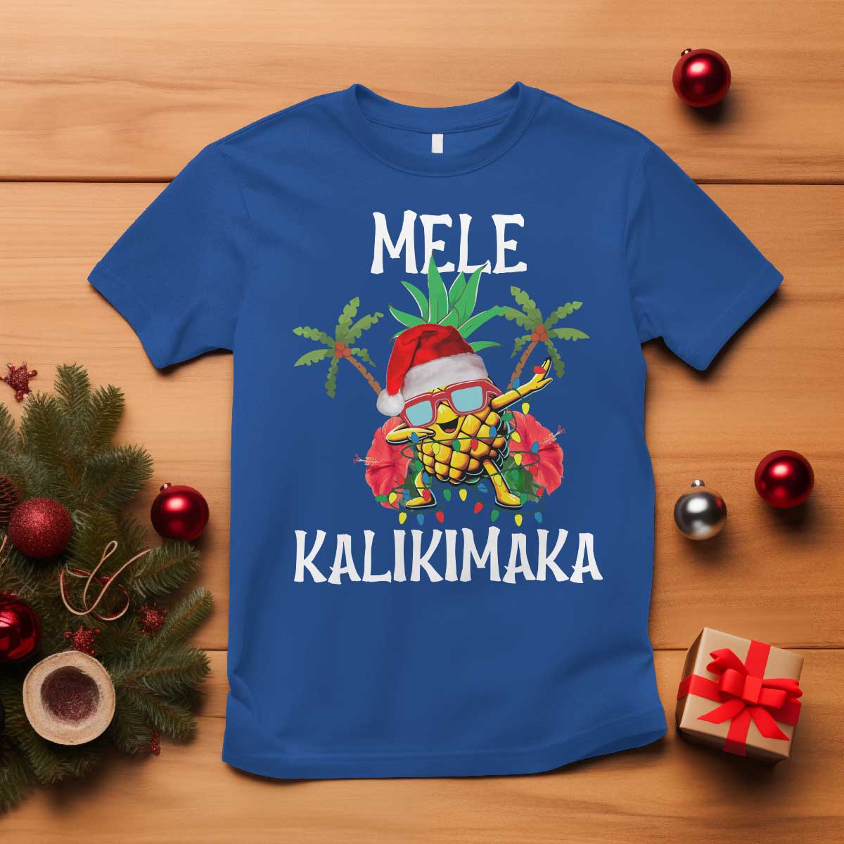 Hawaii Christmas T Shirt Mele Kalikimaka Hawaiian Pineapple Xmas Lights Santa Hat - Wonder Print Shop