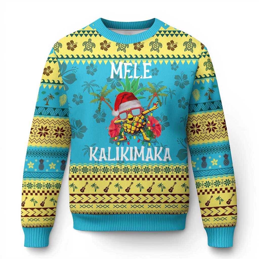 Hawaii Xmas Ugly Christmas Sweater Mele Kalikimaka Hawaiian Pineapple Xmas Lights Santa Hat - Wonder Print Shop