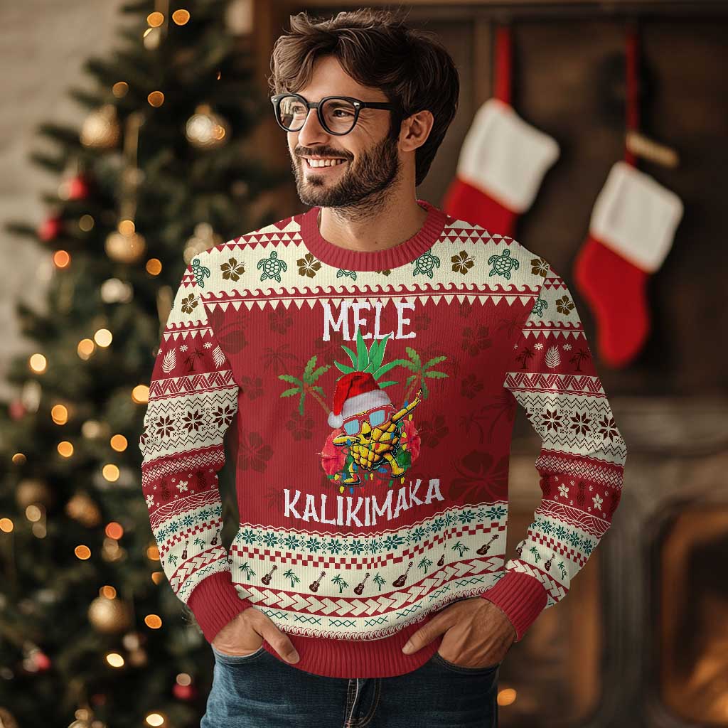 Hawaii Xmas Ugly Christmas Sweater Mele Kalikimaka Hawaiian Pineapple Xmas Lights Santa Hat - Wonder Print Shop