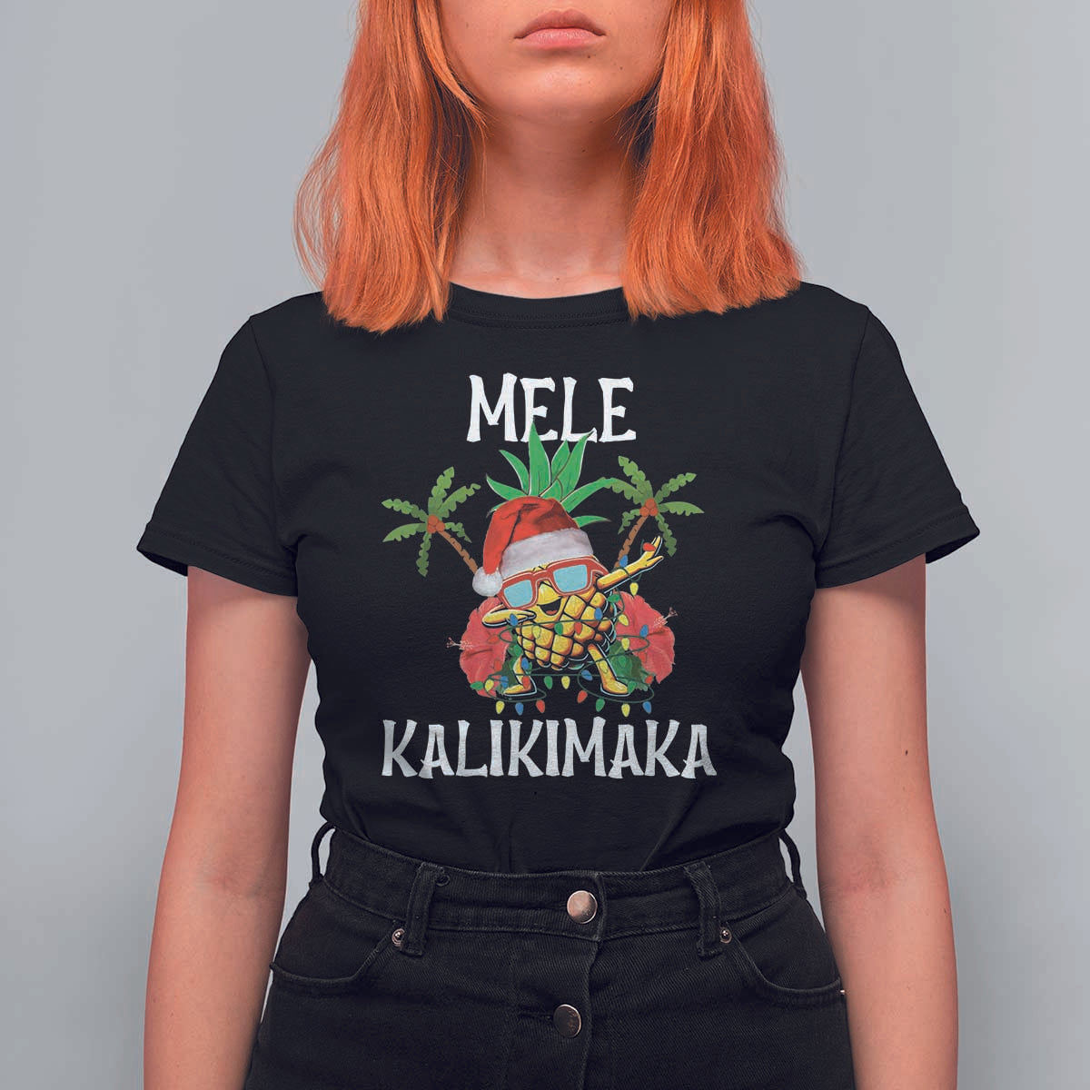 Hawaii Christmas T Shirt For Women Mele Kalikimaka Hawaiian Pineapple Xmas Lights Santa Hat - Wonder Print Shop