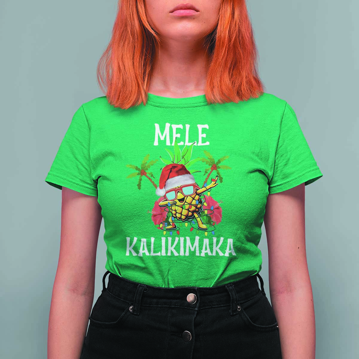Hawaii Christmas T Shirt For Women Mele Kalikimaka Hawaiian Pineapple Xmas Lights Santa Hat - Wonder Print Shop