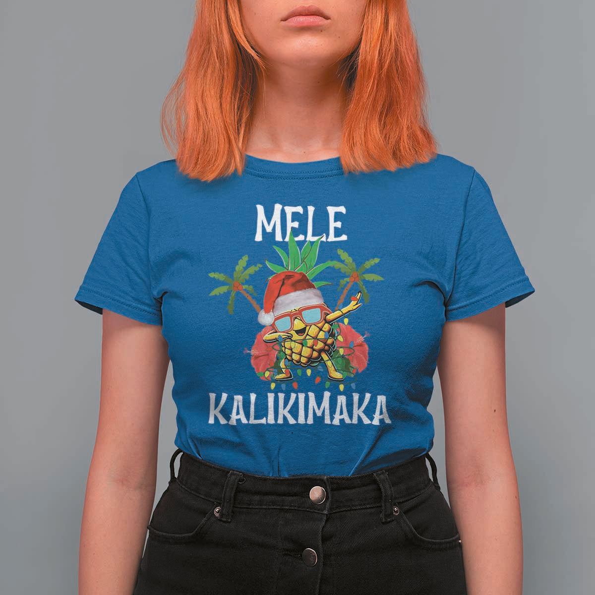 Hawaii Christmas T Shirt For Women Mele Kalikimaka Hawaiian Pineapple Xmas Lights Santa Hat - Wonder Print Shop