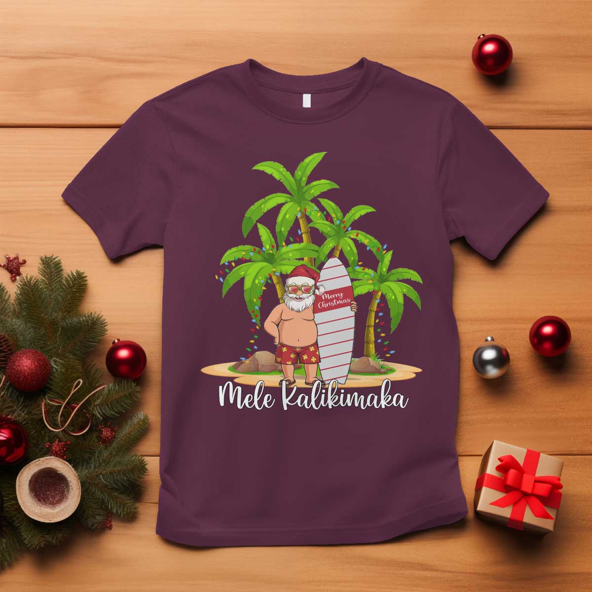 Mele Kalikimaka Hawaiian Christmas In July Hawaii Santa T Shirt Xmas Beach Family Vacation - Wonder Print Shop
