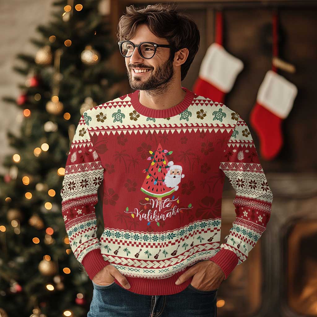 Mele Kalikimaka Hawaiian Ugly Christmas Sweater Watermelon Summer Tree Tropical Hawaii Santa Xmas Gift Family Holiday - Wonder Print Shop