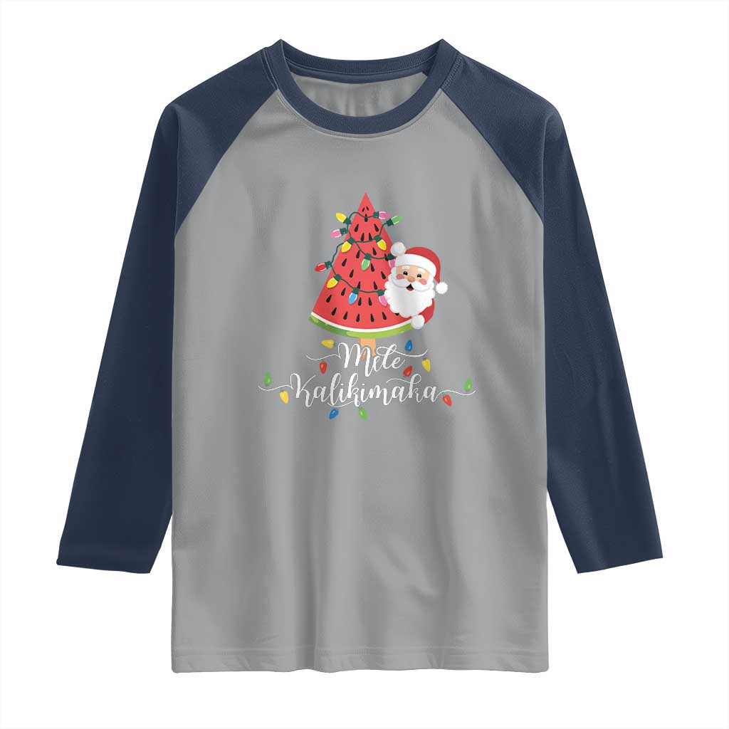 Mele Kalikimaka Hawaiian Christmas Santa Raglan Shirt Watermelon Summer Tree Tropical Xmas