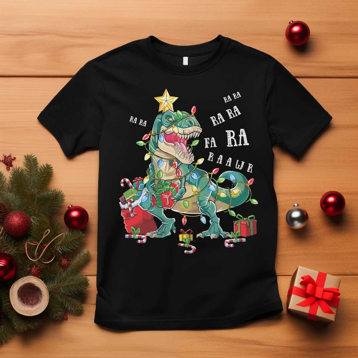 Dinosaur Christmas T Shirt Tree Lights Xmas Boys Men - Wonder Print Shop
