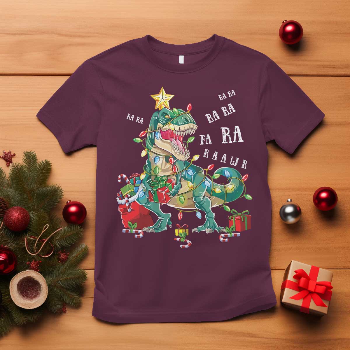 Dinosaur Christmas T Shirt Tree Lights Xmas Boys Men - Wonder Print Shop