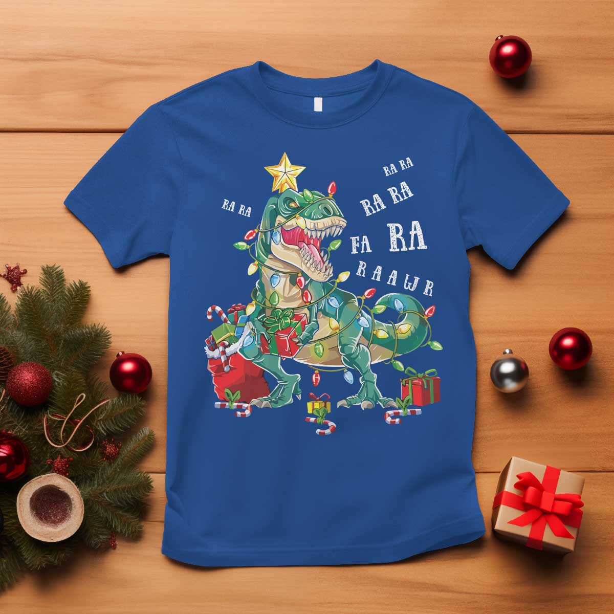 Dinosaur Christmas T Shirt Tree Lights Xmas Boys Men - Wonder Print Shop