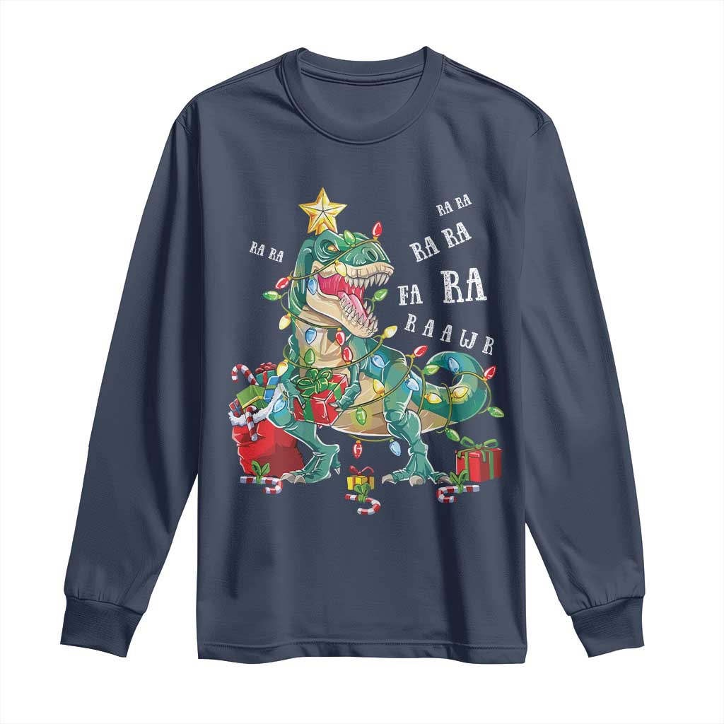 Dinosaur Christmas Long Sleeve Shirt Tree Lights Xmas Boys Men