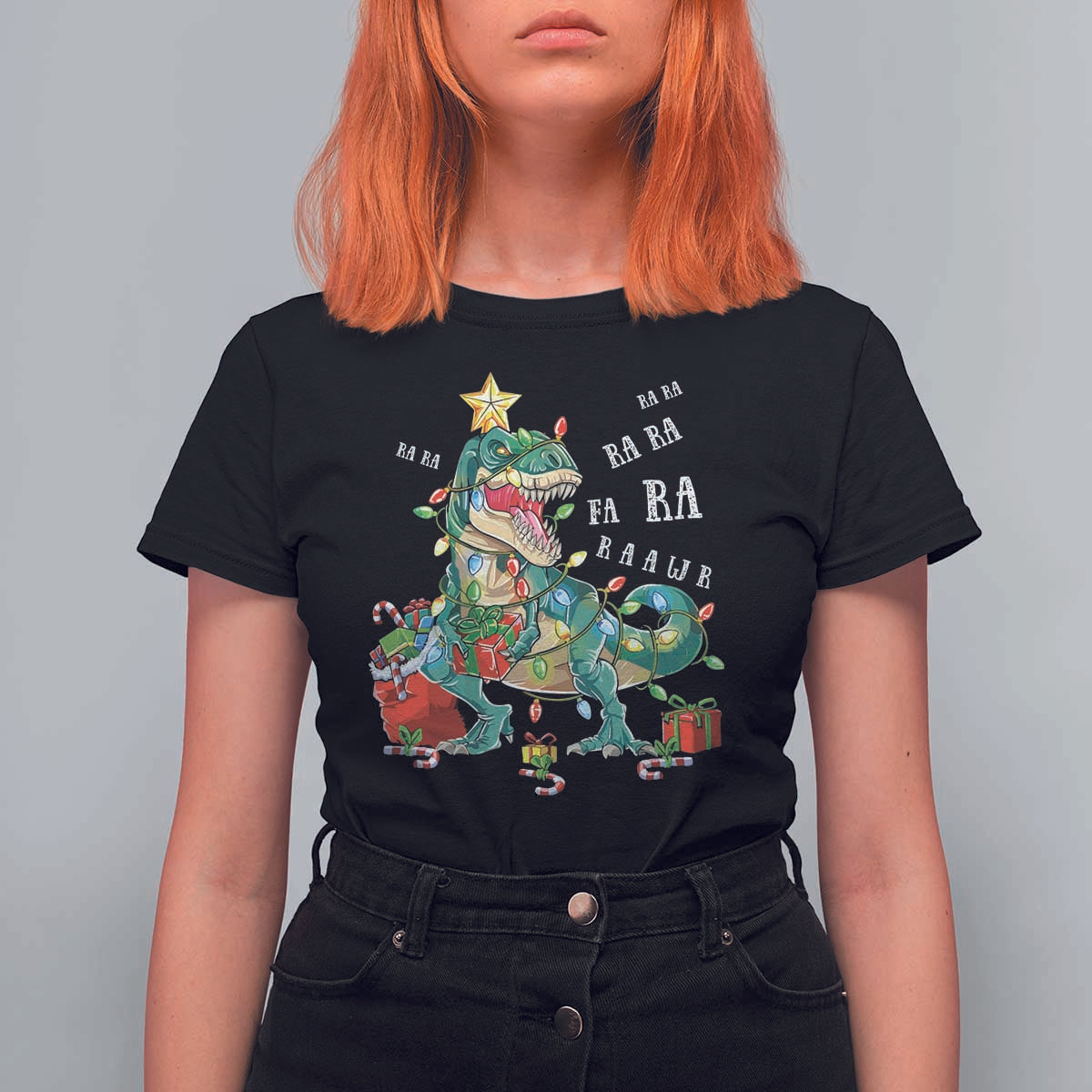 Dinosaur Christmas T Shirt For Women Tree Lights Xmas Boys Men - Wonder Print Shop