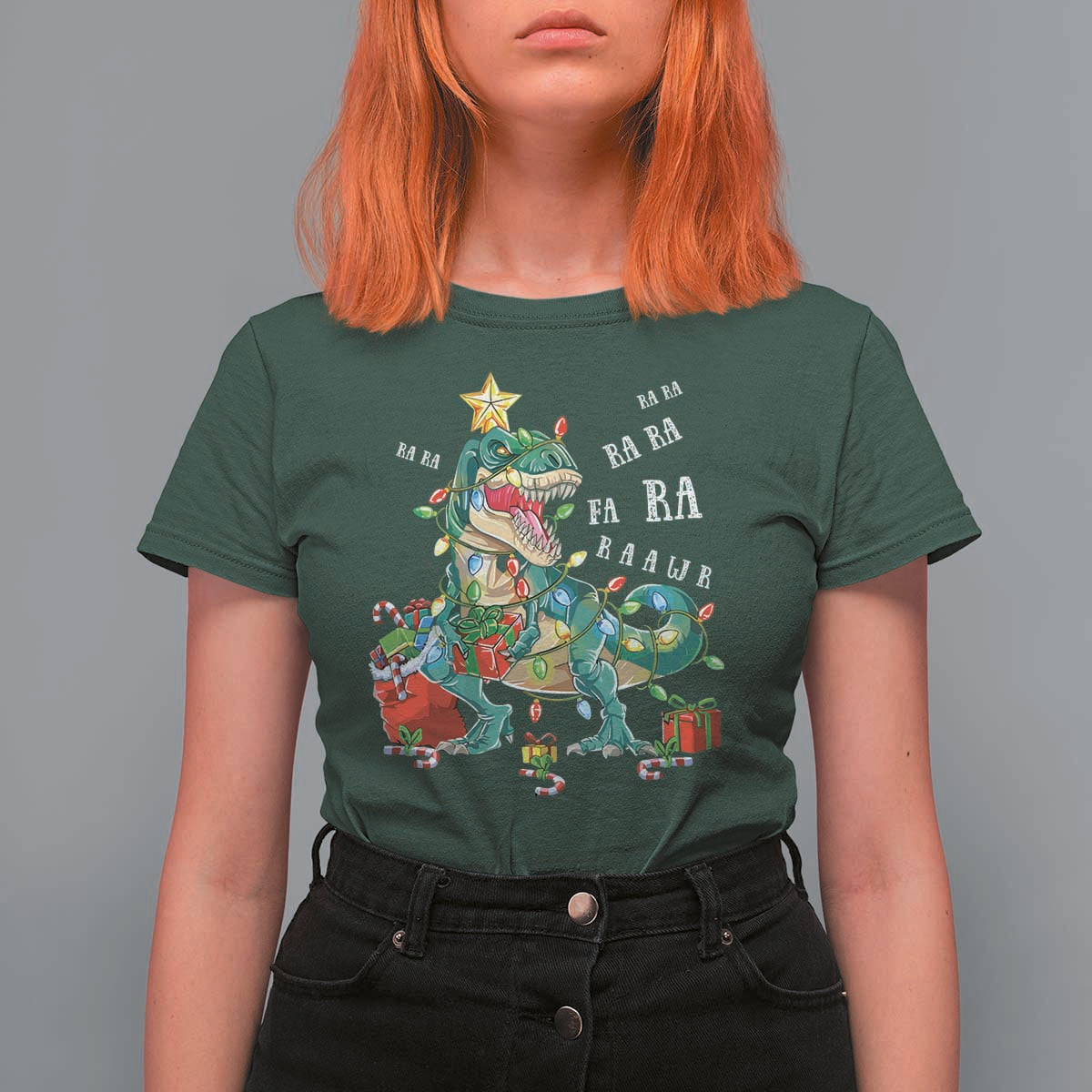 Dinosaur Christmas T Shirt For Women Tree Lights Xmas Boys Men - Wonder Print Shop
