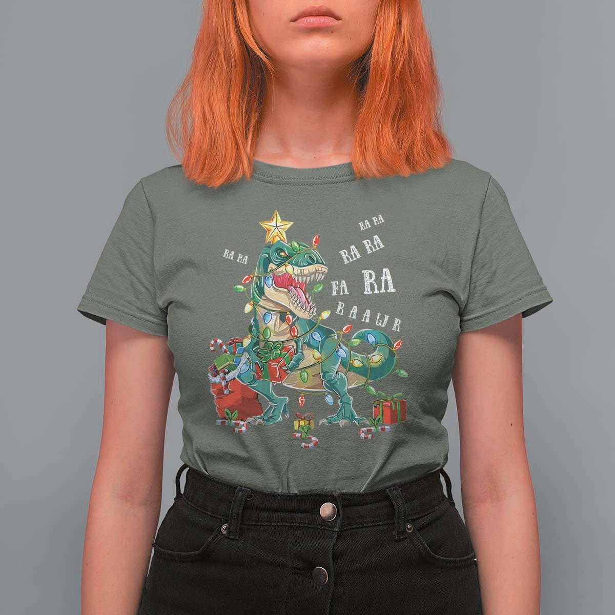 Dinosaur Christmas T Shirt For Women Tree Lights Xmas Boys Men - Wonder Print Shop