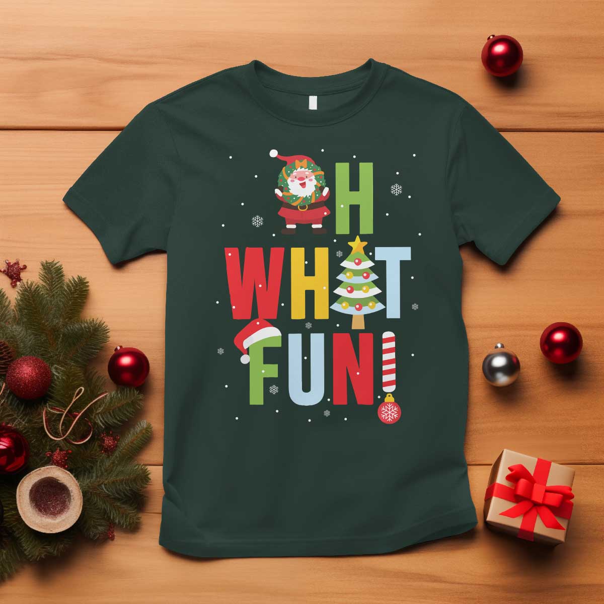 Funny Christmas Santa T Shirt Oh What Fun Christmas Tree And Wreath - Wonder Print Shop