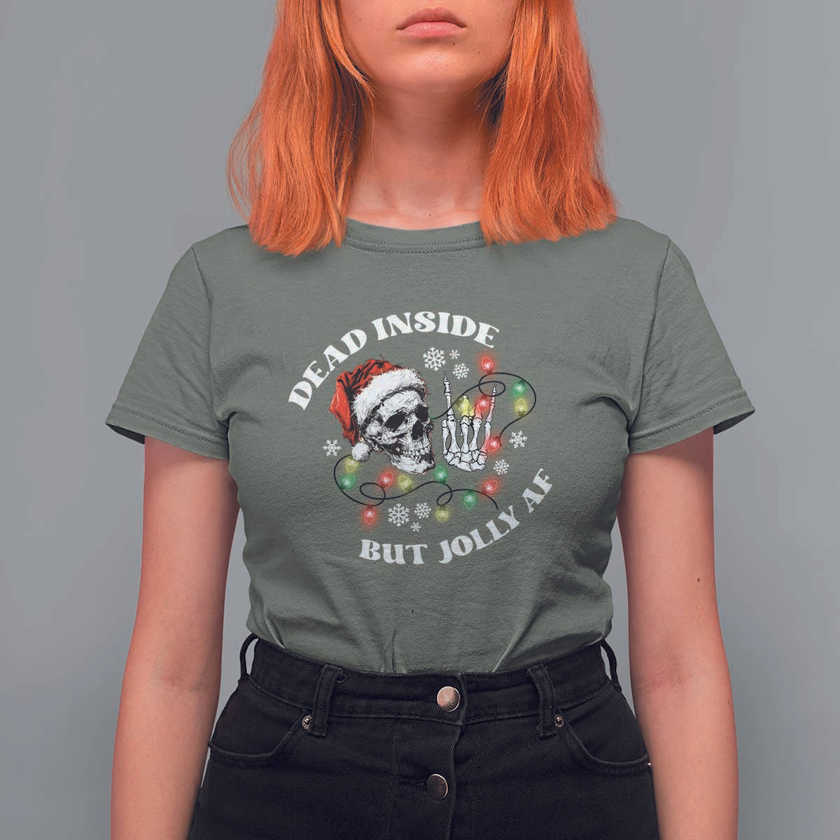 Christmas Skeleton T Shirt For Women Dead Inside But Jolly AF Festive Sarcastic Snarky Skull - Wonder Print Shop