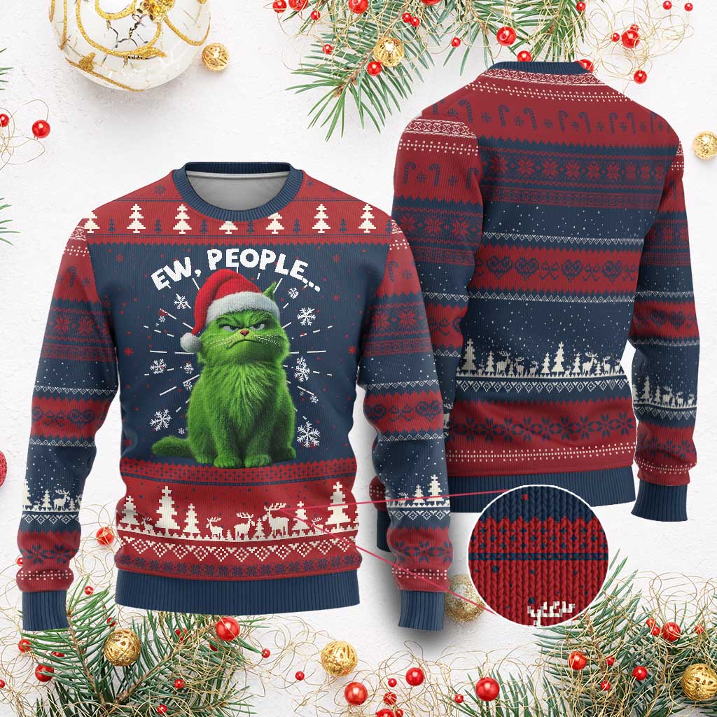 Funny Cat Ugly Christmas Sweater Ew People Xmas Gag Gift - Wonder Print Shop
