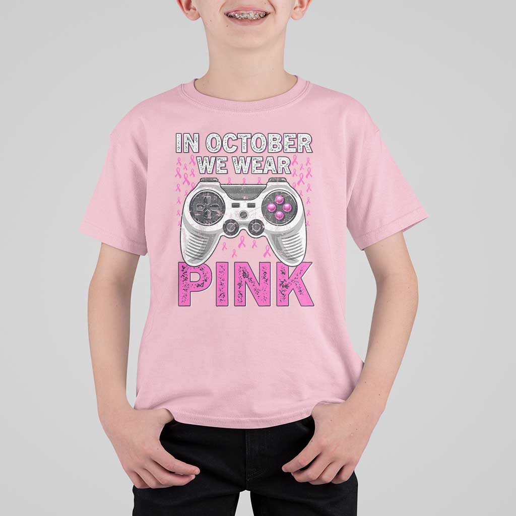 In October We Wear Pink Breast Cancer Awareness T Shirt For Kid Pink Ribbon Gaming Kids Boys Youth Video Game - Wonder Print Shop