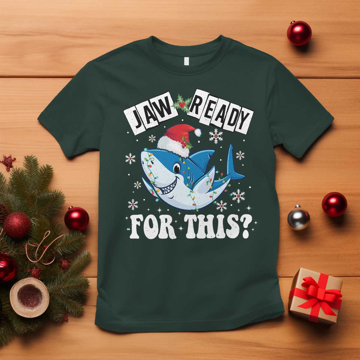 Funny Christmas T Shirt Sharkmas Shark Lights Red Santa Hat Jaw Ready For This - Wonder Print Shop