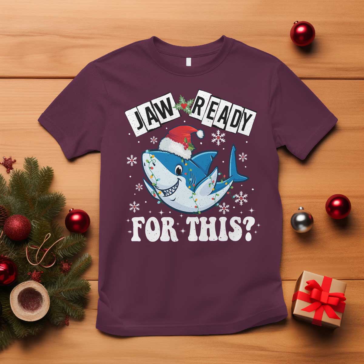 Funny Christmas T Shirt Sharkmas Shark Lights Red Santa Hat Jaw Ready For This - Wonder Print Shop