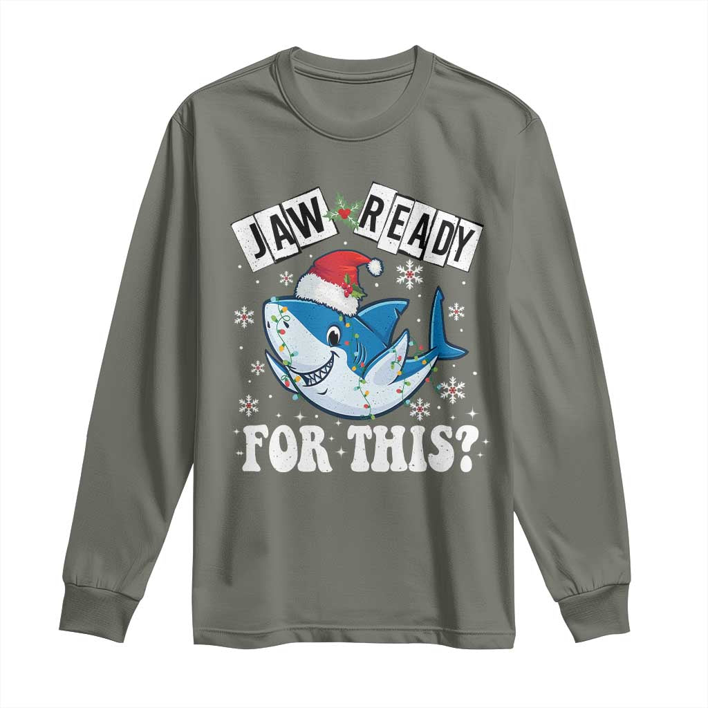 Funny Christmas Long Sleeve Shirt Sharkmas Shark Lights Red Santa Hat Jaw Ready For This