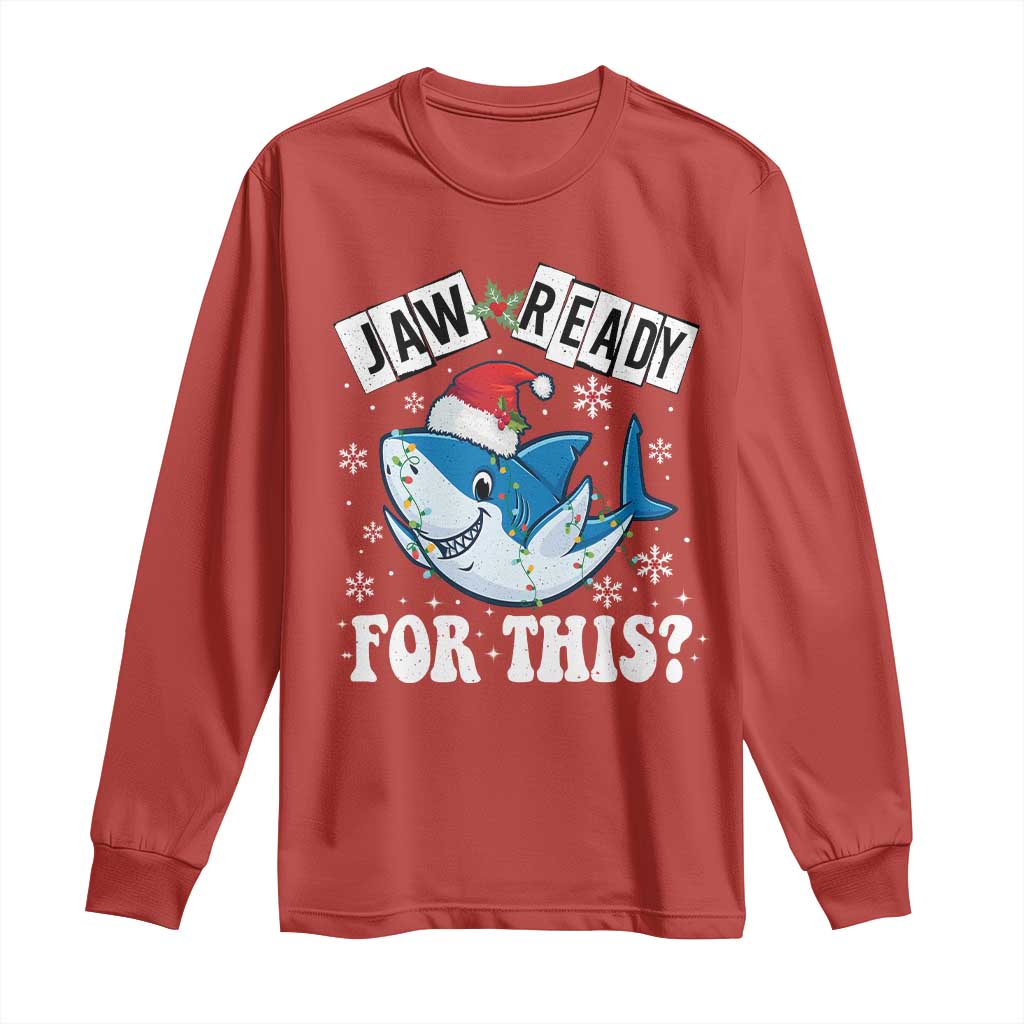 Funny Christmas Long Sleeve Shirt Sharkmas Shark Lights Red Santa Hat Jaw Ready For This