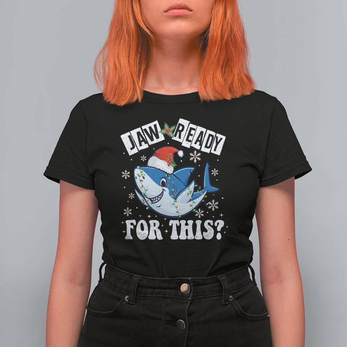 Funny Christmas T Shirt For Women Sharkmas Shark Lights Red Santa Hat Jaw Ready For This - Wonder Print Shop
