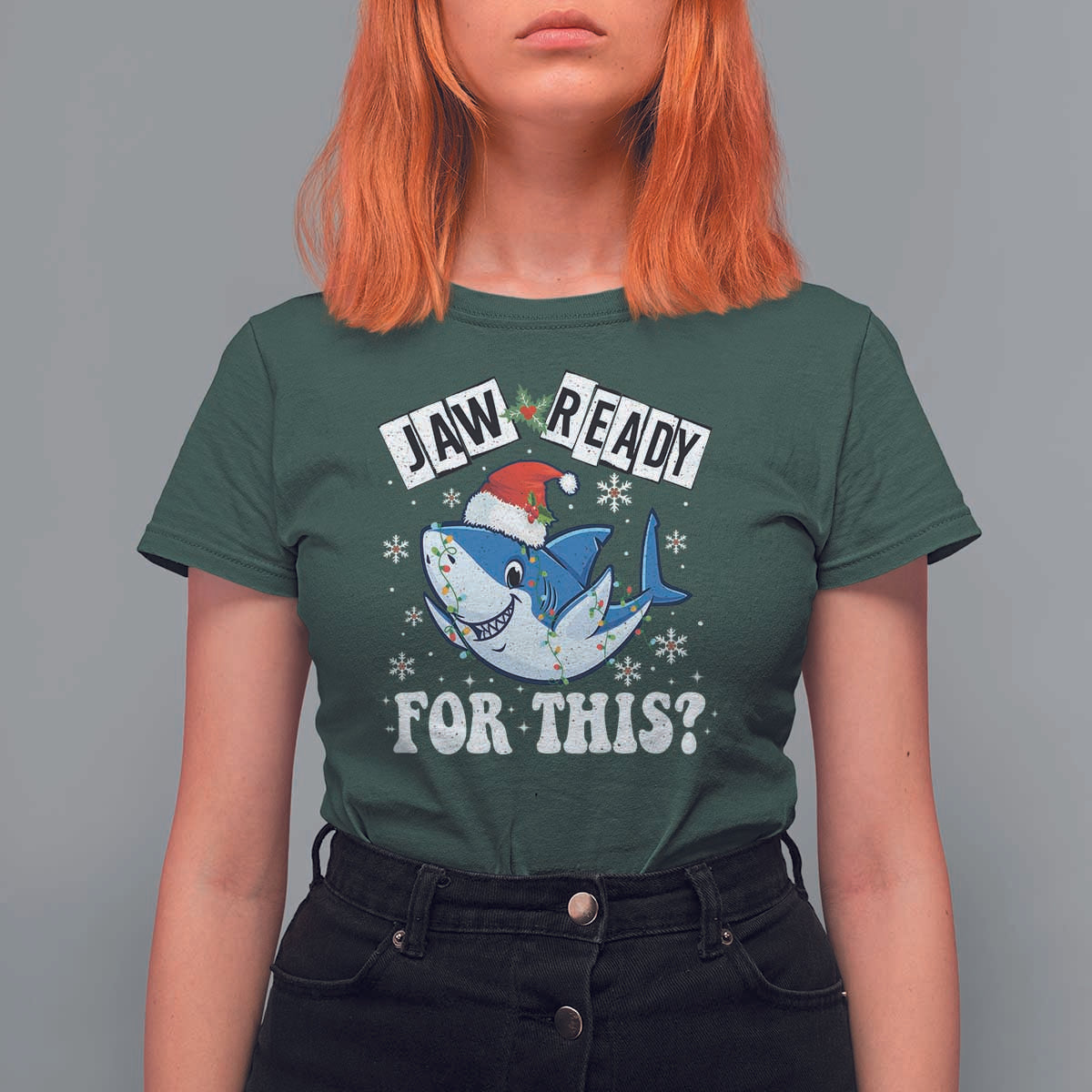 Funny Christmas T Shirt For Women Sharkmas Shark Lights Red Santa Hat Jaw Ready For This - Wonder Print Shop