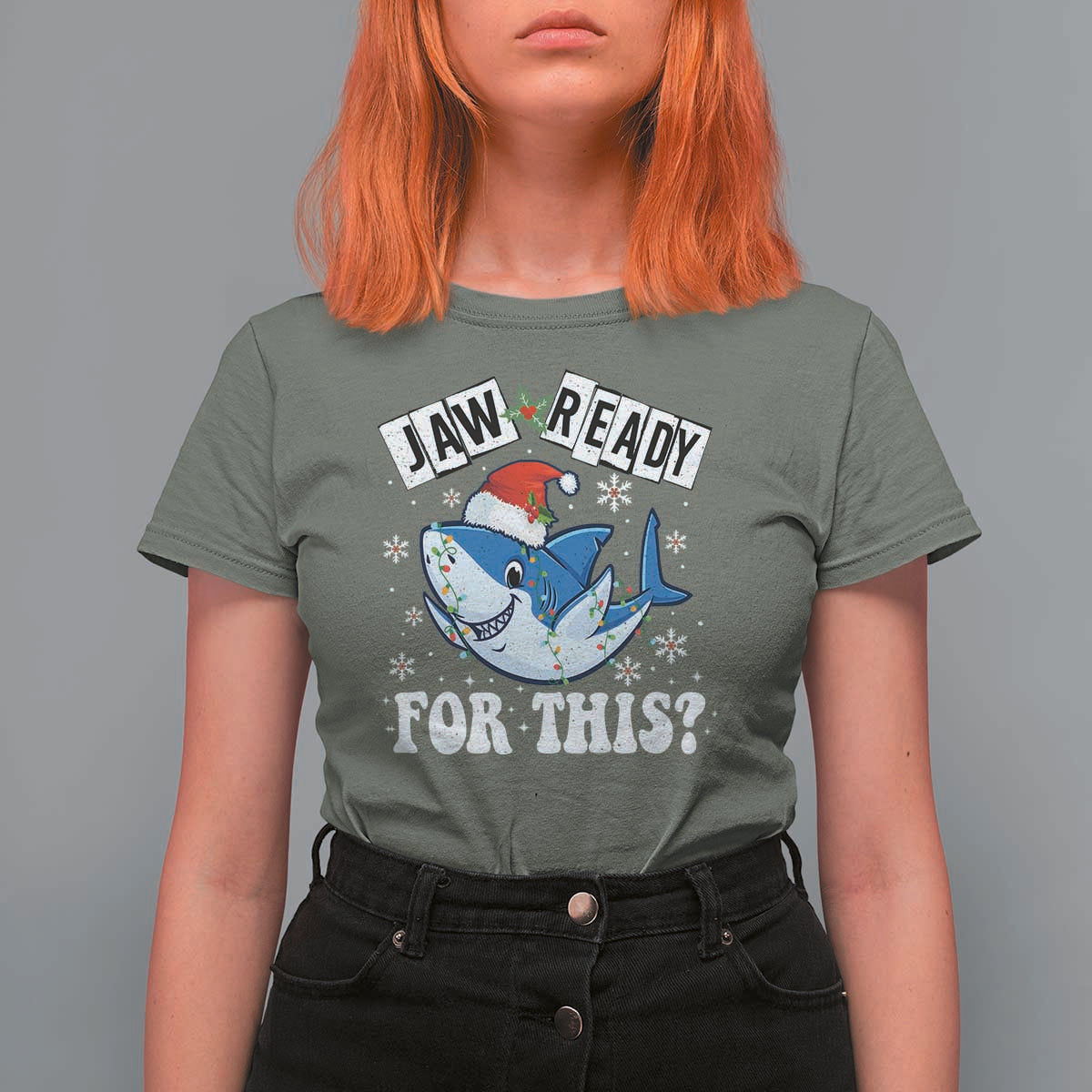 Funny Christmas T Shirt For Women Sharkmas Shark Lights Red Santa Hat Jaw Ready For This - Wonder Print Shop