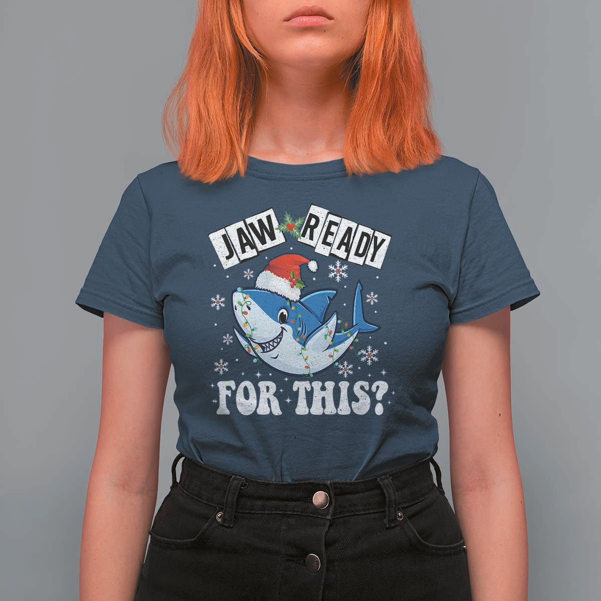 Funny Christmas T Shirt For Women Sharkmas Shark Lights Red Santa Hat Jaw Ready For This - Wonder Print Shop