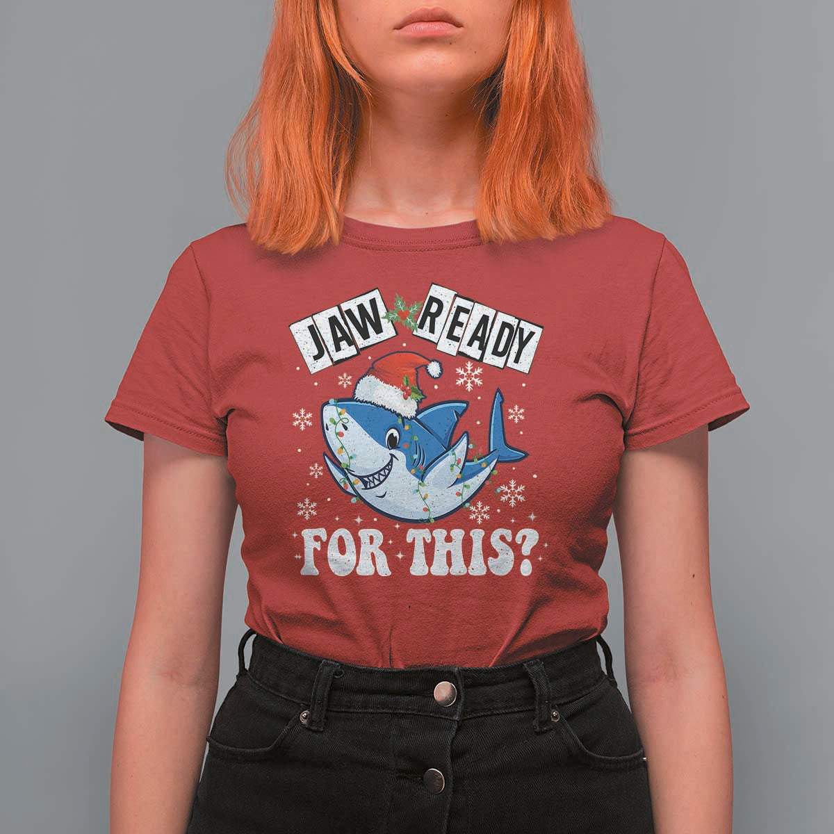 Funny Christmas T Shirt For Women Sharkmas Shark Lights Red Santa Hat Jaw Ready For This - Wonder Print Shop