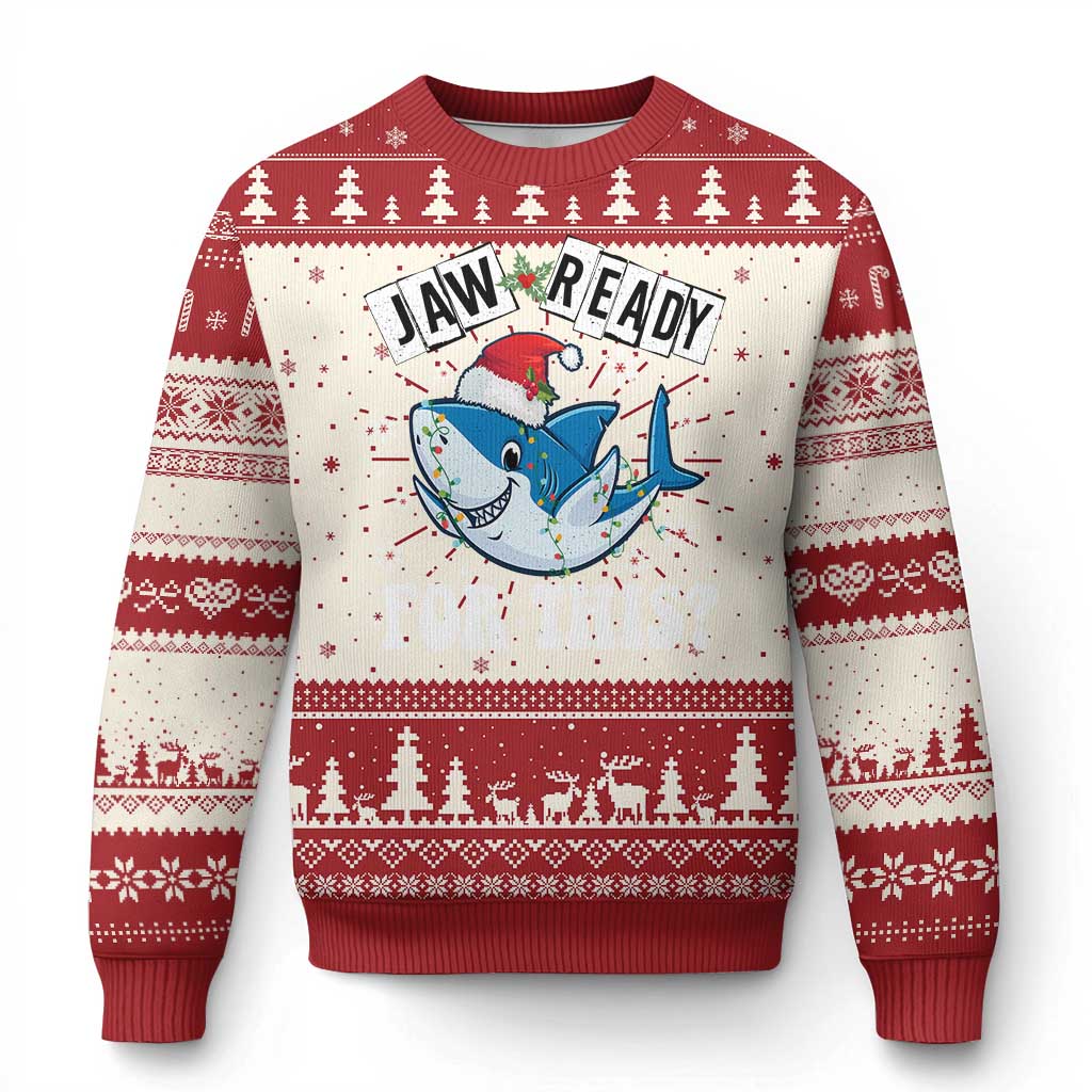 Funny Ugly Christmas Sweater Sharkmas Shark Lights Red Santa Hat Jaw Ready For This - Wonder Print Shop