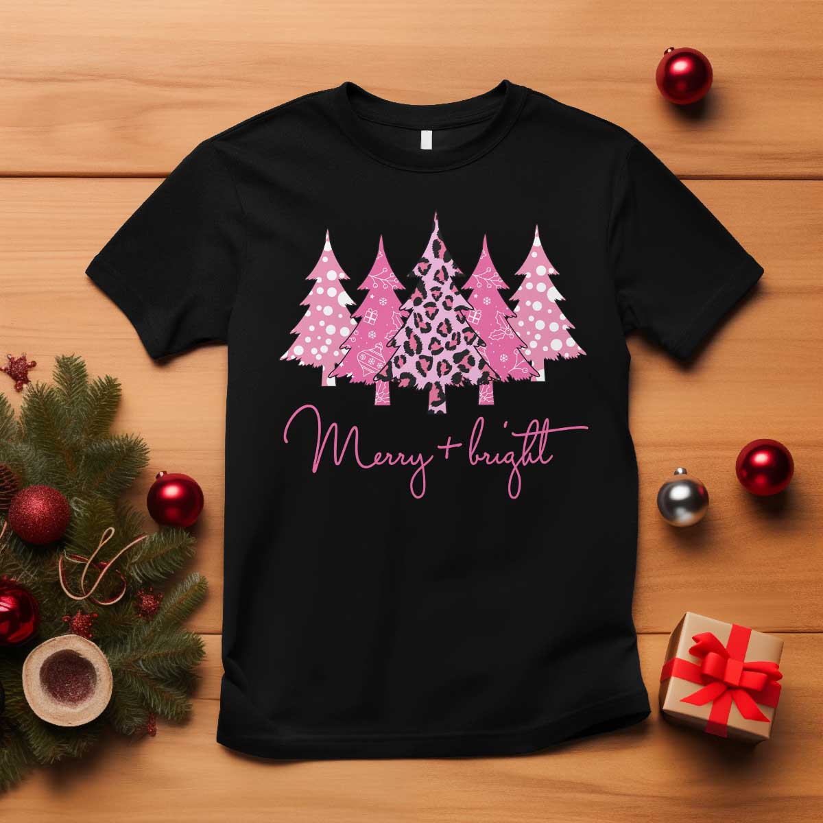 Christmas Pink T Shirt Leopard Print Trees - Wonder Print Shop