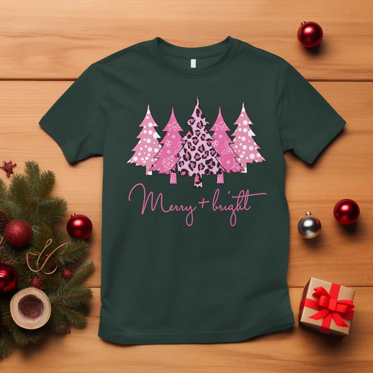 Christmas Pink T Shirt Leopard Print Trees - Wonder Print Shop