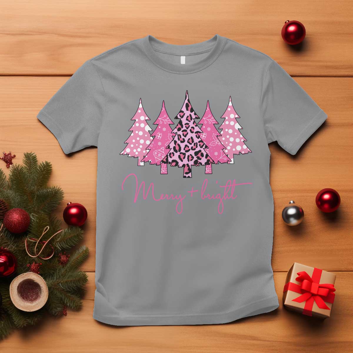 Christmas Pink T Shirt Leopard Print Trees - Wonder Print Shop