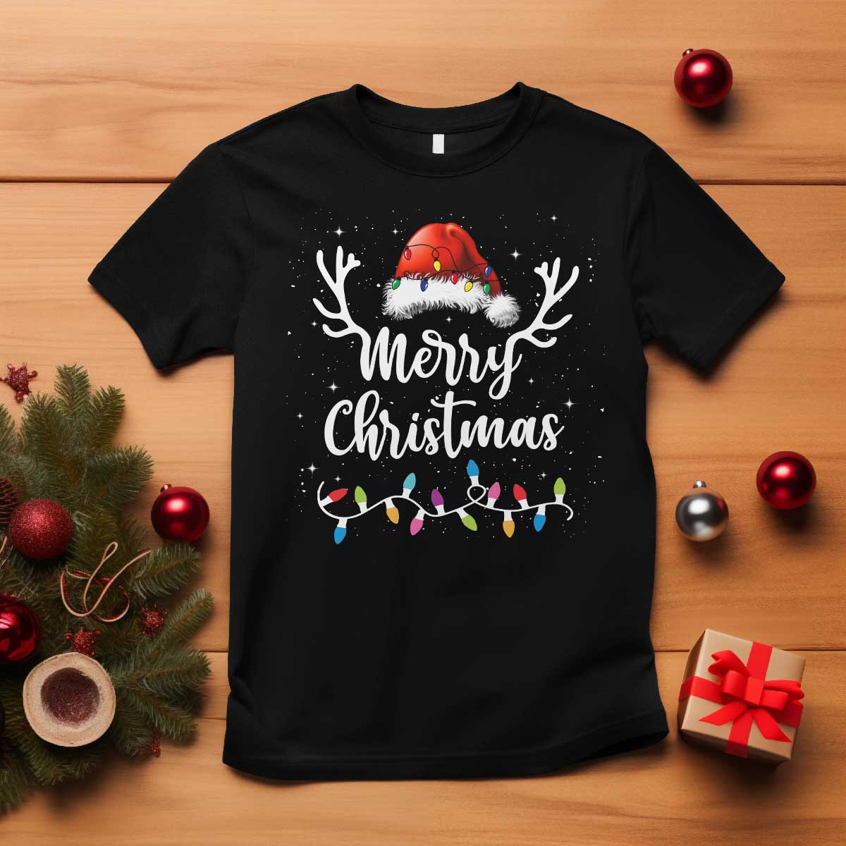 Merry Christmas T Shirt Lights Red Santa Hat Xmas Family Matching - Wonder Print Shop