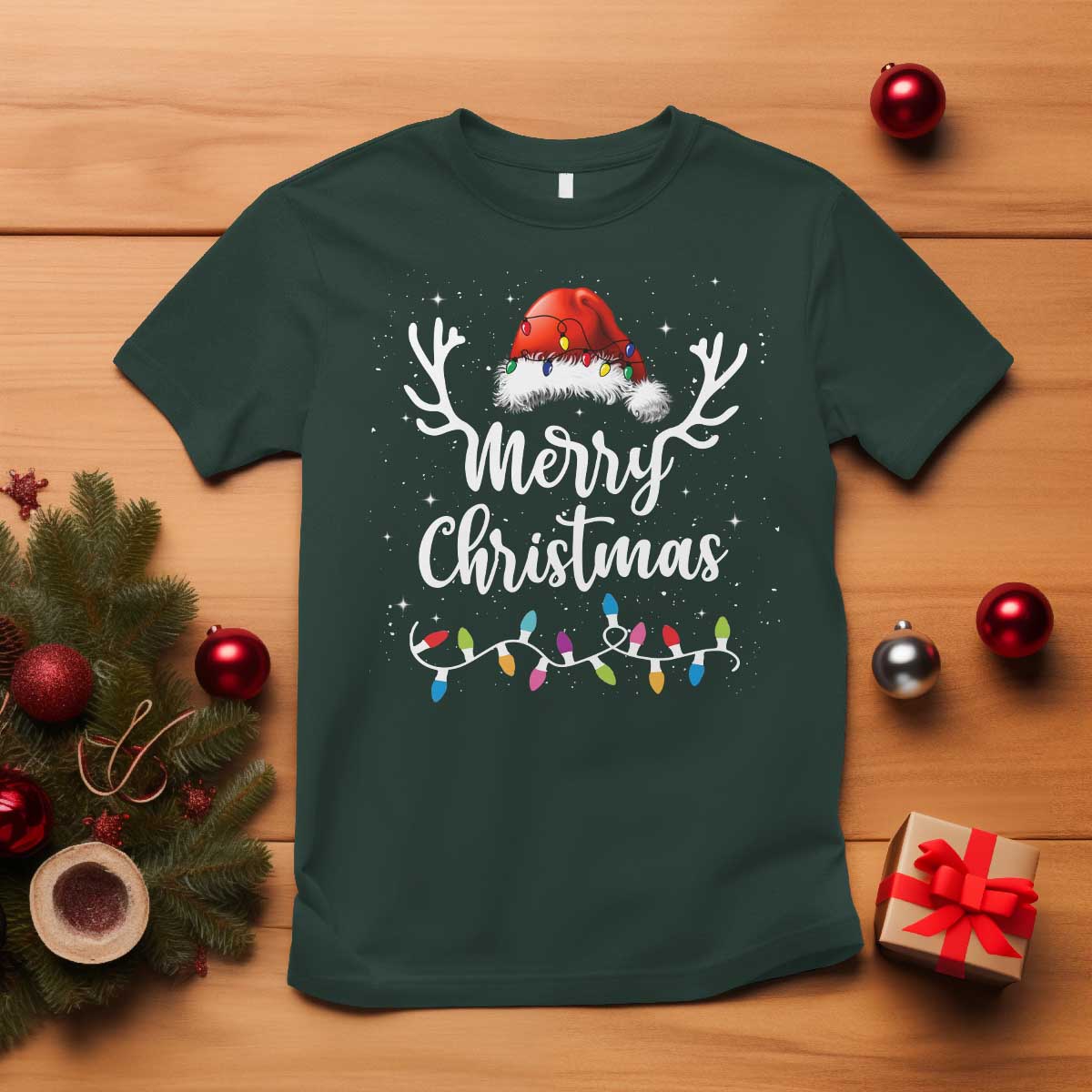 Merry Christmas T Shirt Lights Red Santa Hat Xmas Family Matching - Wonder Print Shop