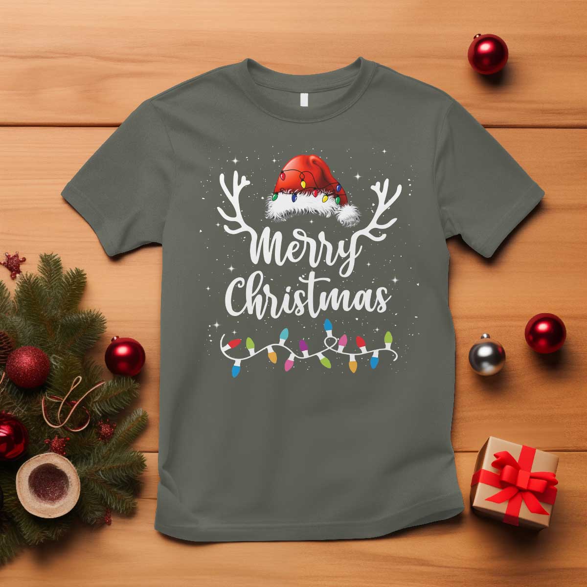 Merry Christmas T Shirt Lights Red Santa Hat Xmas Family Matching - Wonder Print Shop