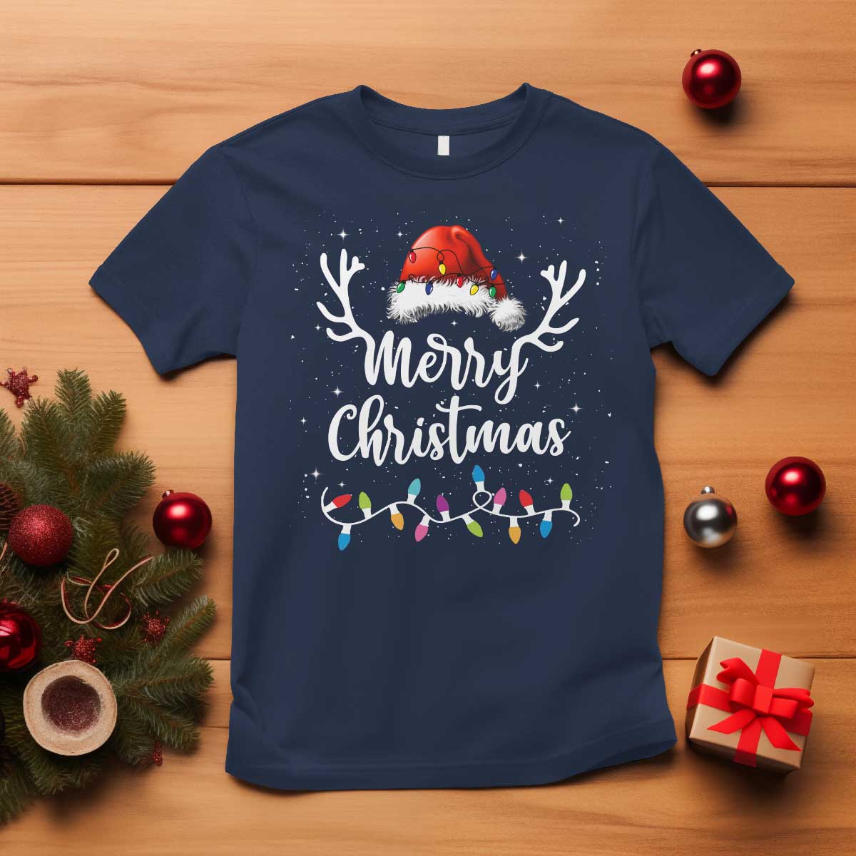 Merry Christmas T Shirt Lights Red Santa Hat Xmas Family Matching - Wonder Print Shop