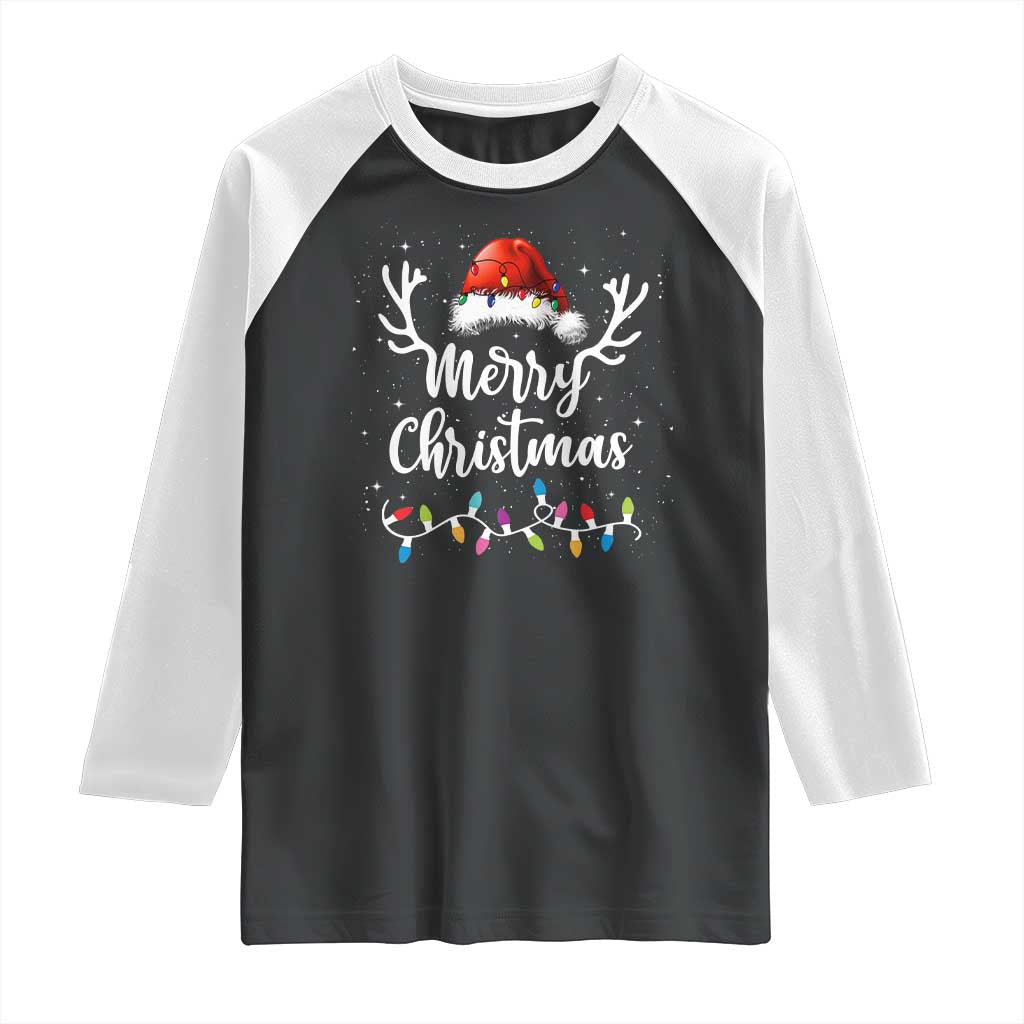 Merry Christmas Raglan Shirt Lights Red Santa Hat Xmas Family Matching