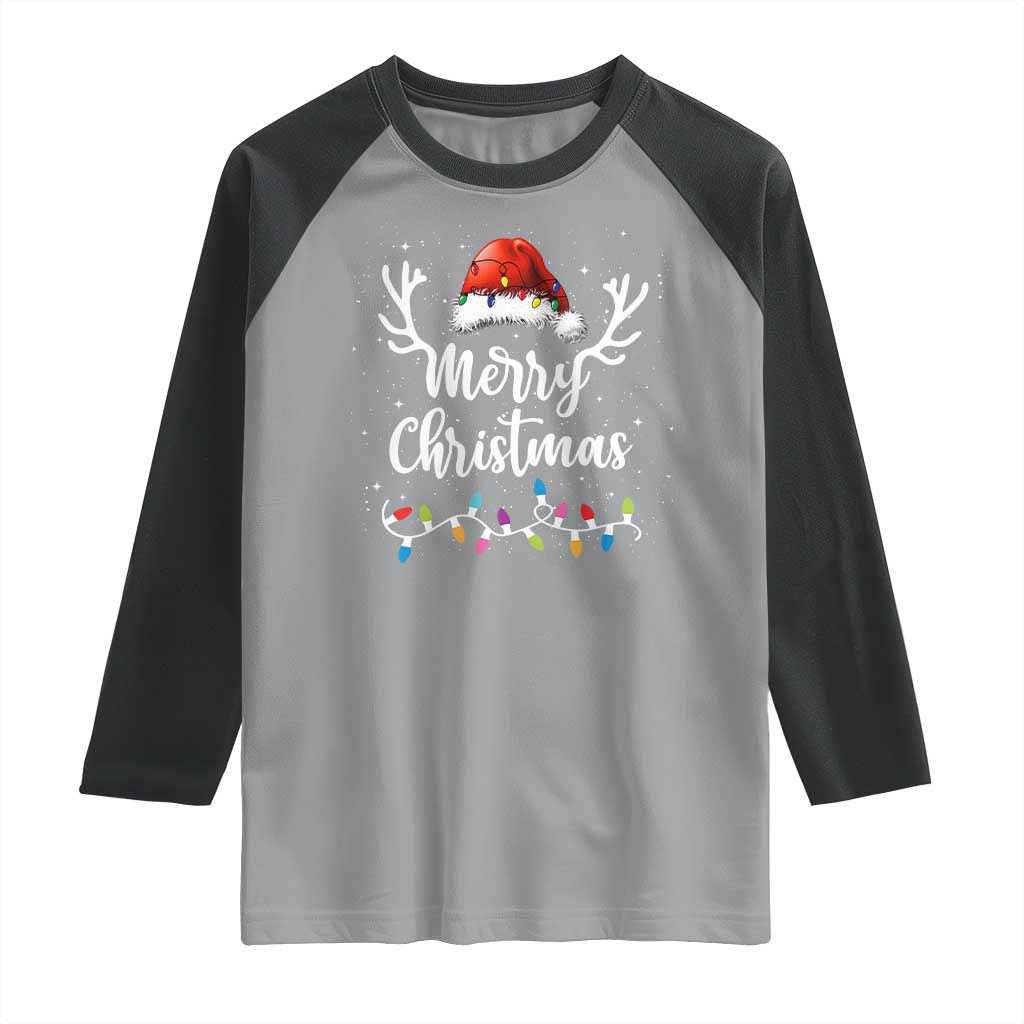 Merry Christmas Raglan Shirt Lights Red Santa Hat Xmas Family Matching
